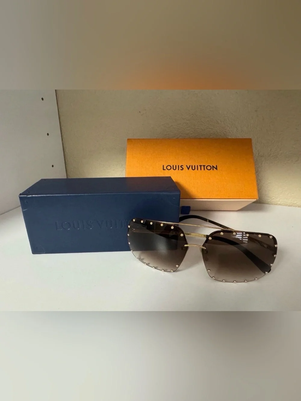 Louis Vuitton Oversized Rimless Studded Sunglasses Brown Gradient Gold Tone